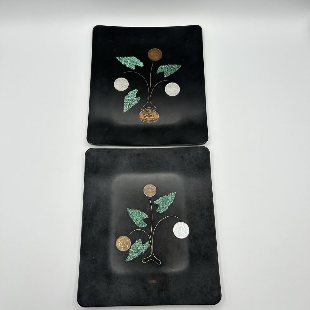 Vintage Couroc of Monterey Coin Turquoise Inlay Trays Set of 2 MCM California